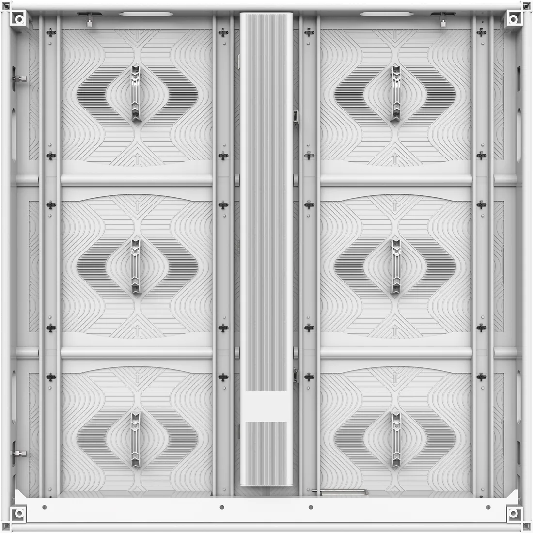 Dos d'un caisson Helio 960 × 960 mm : profilé aluminium, six modules, boîtier d'alimentation central