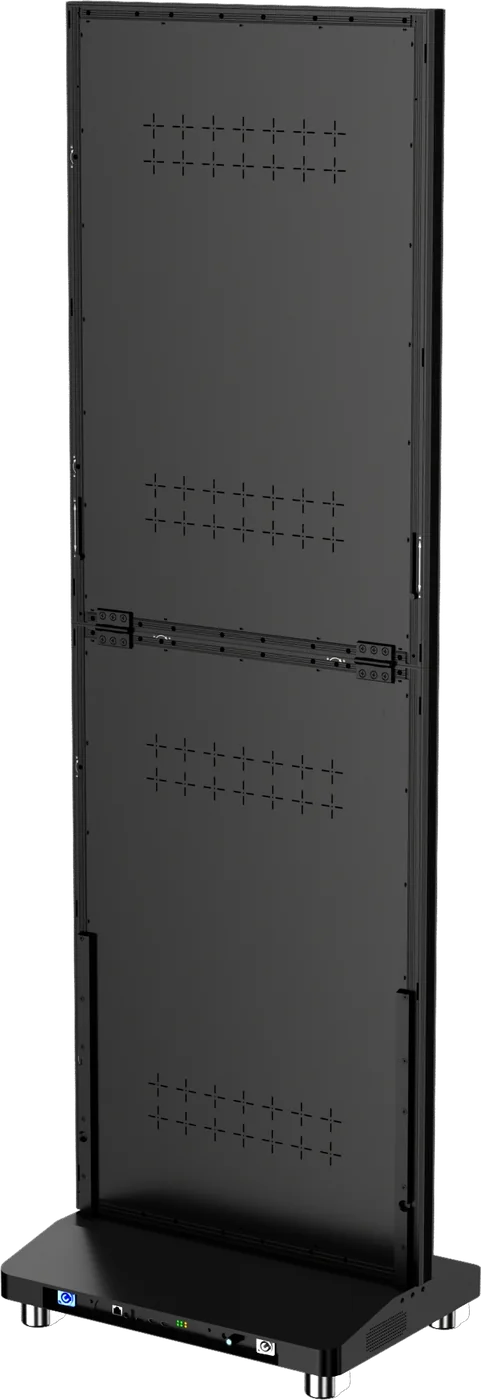 Dos de Fold-Up déplié : charnière, verrous latéraux, socle, interfaces, haut-parleur, roulettes