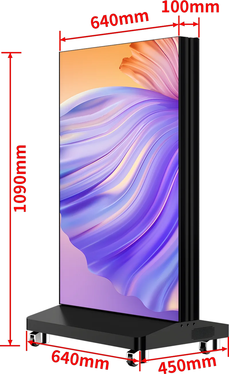 Fold-Up replié : 640 mm de large, 1 090 mm de haut, 100 mm d'épaisseur, socle de 450 mm